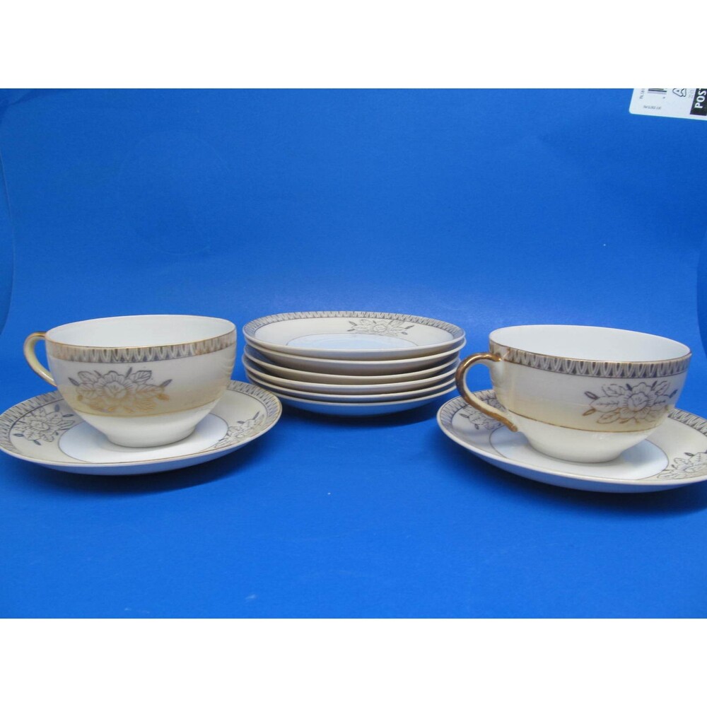Chikaramachi Japan Vintage Set Of 2 Cups And 8 Saucers CHK3 Pattern Gold Trim GC
